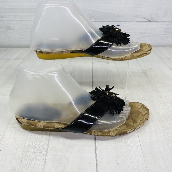 Coach Woman SUKI Leather Brown Khaki Logo Fringe Flower Flat Slide Sandals Sz 7 - Picture 5 of 14